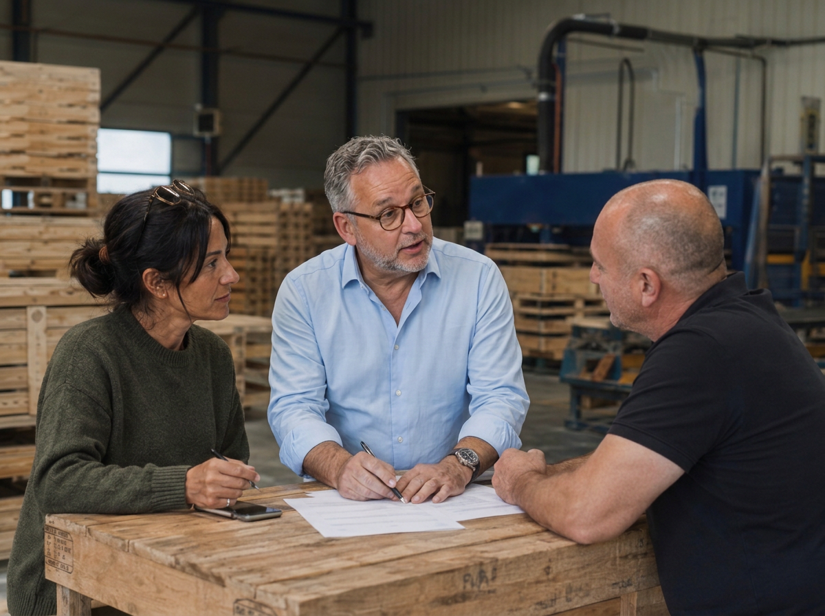 Consultant Evolias Partners sur le terrain, échangeant avec un dirigeant d'entreprise industrielle
